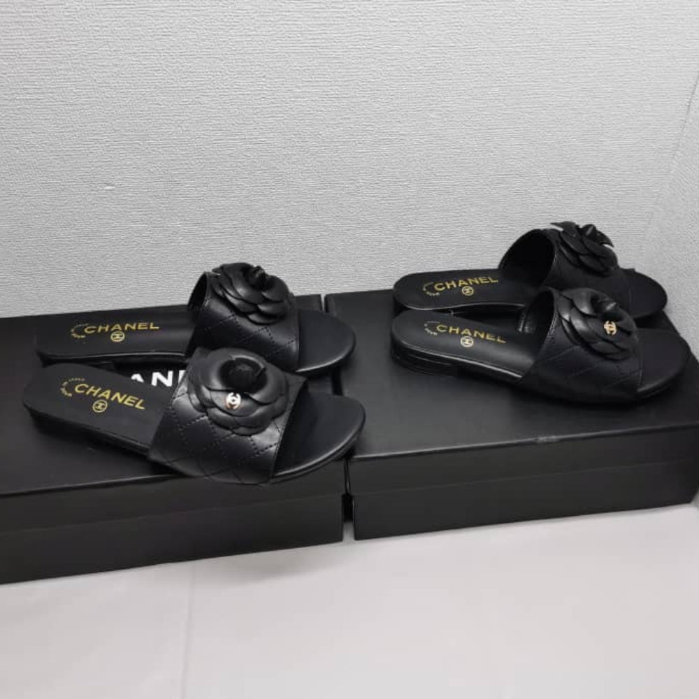 Chanel Camellia Leather Slides Black