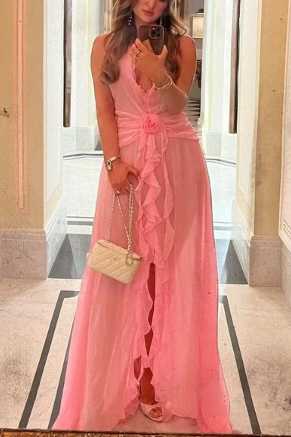 girlhomeshops-Pink Elegant Long Chiffon Bridesmaid Dresses Wedding Guest Party Dresses gh5949