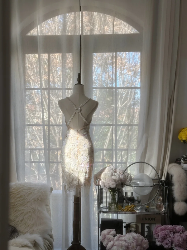 Apricot white halter-neck fitted bodycon short ball gown R7708