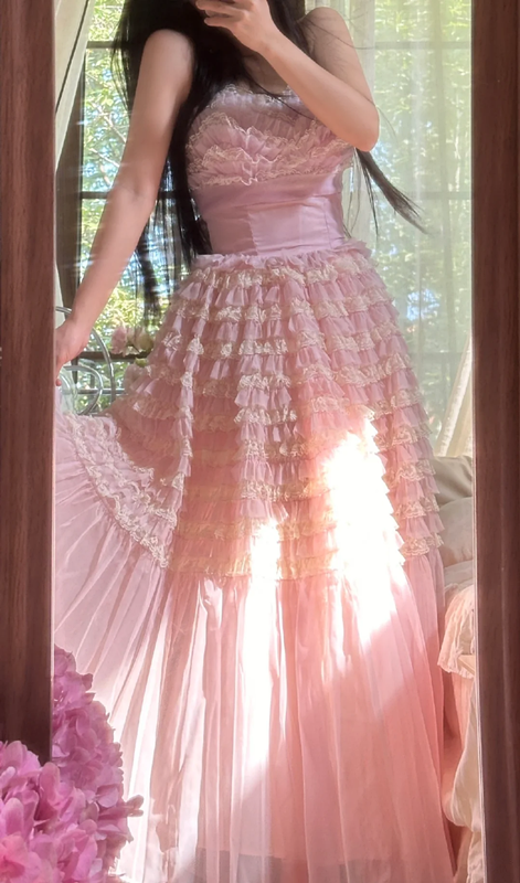 Light pink strapless fitted waist tiered skirt long ball gown R7747