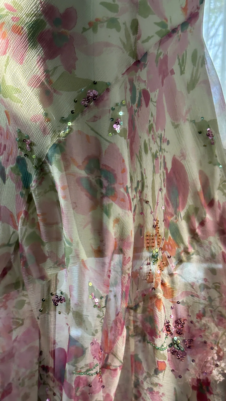 Light pink floral print halter top, fitted waist, irregular hem, long ball gown R7667