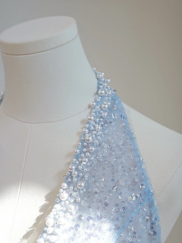 Light blue halter neck fitted waist long ball gown R8448