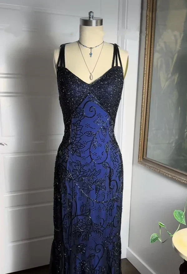 Classic Navy Mermaid Strap Lace Long Ball Gown Evening Dress TP2018