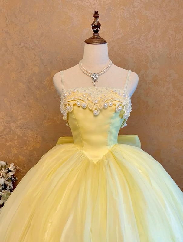 Light Yellow Spaghetti-Strap Waist-Cinched Puffball Skirt Ball Gown, Bridal Gown R7359