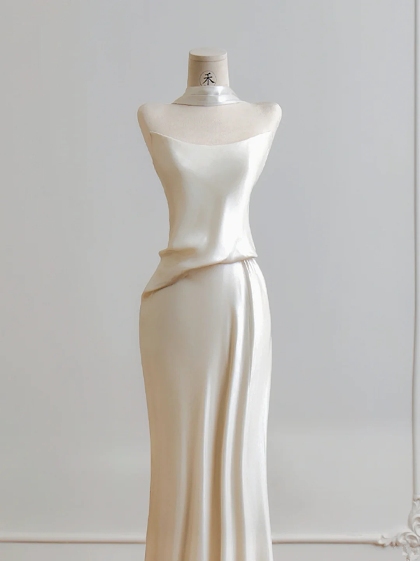 Champagne-colored strapless satin long sexy ball gown R8189