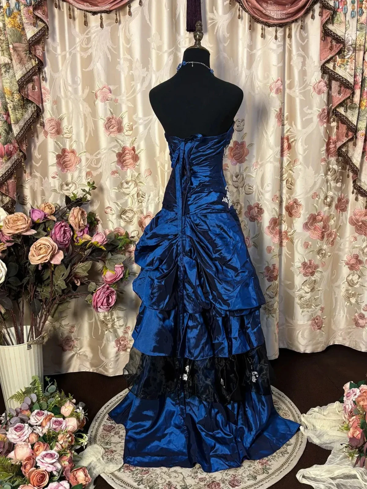 Retro Ball Gown Strapless Satin Navy Blue Long Party Dress Prom Dresses