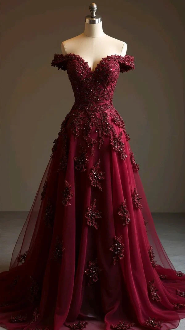 girlhomeshops--Burgundy Delicate Floral Applique Long Tulle Prom Dress gh5634