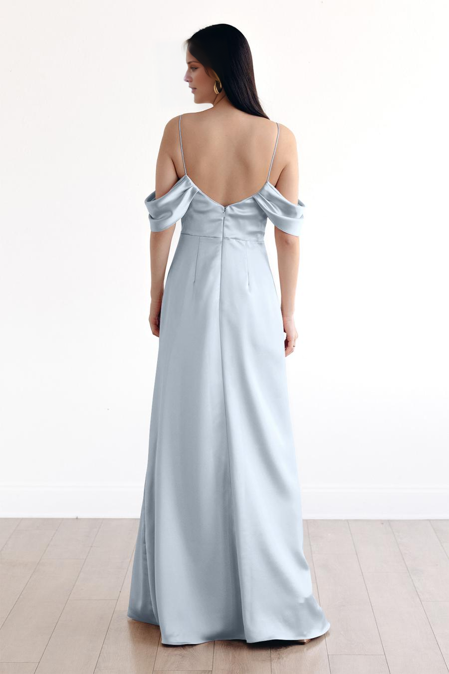 V collar off shoulder thin shoulder straps pleated backless and floor length evening dress