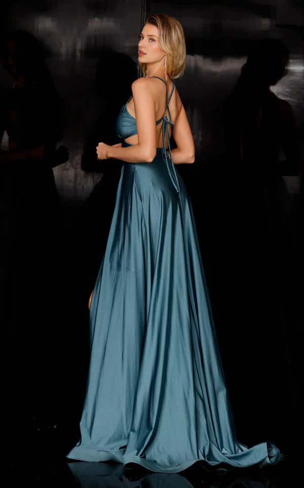 Deep V-neck backless thin shoulder strap and floor length Prom dress