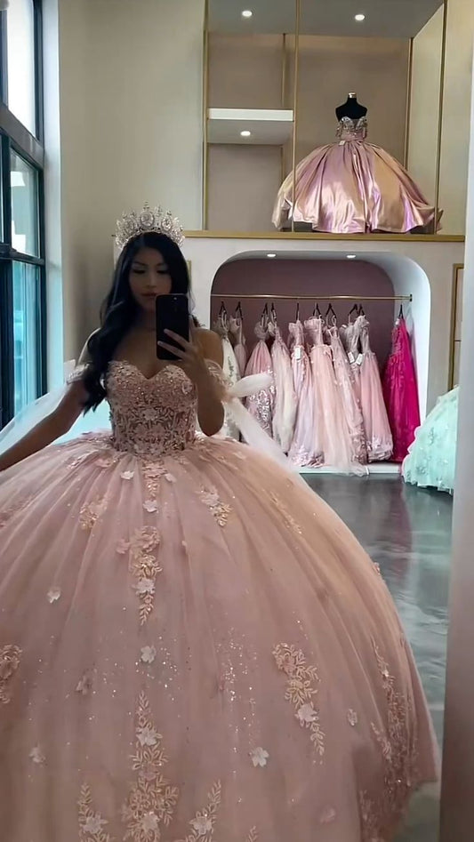 Pink A Line Off Shoulder Princess Quinceanera Dress Ball Gown Sweet 16 Dresses
