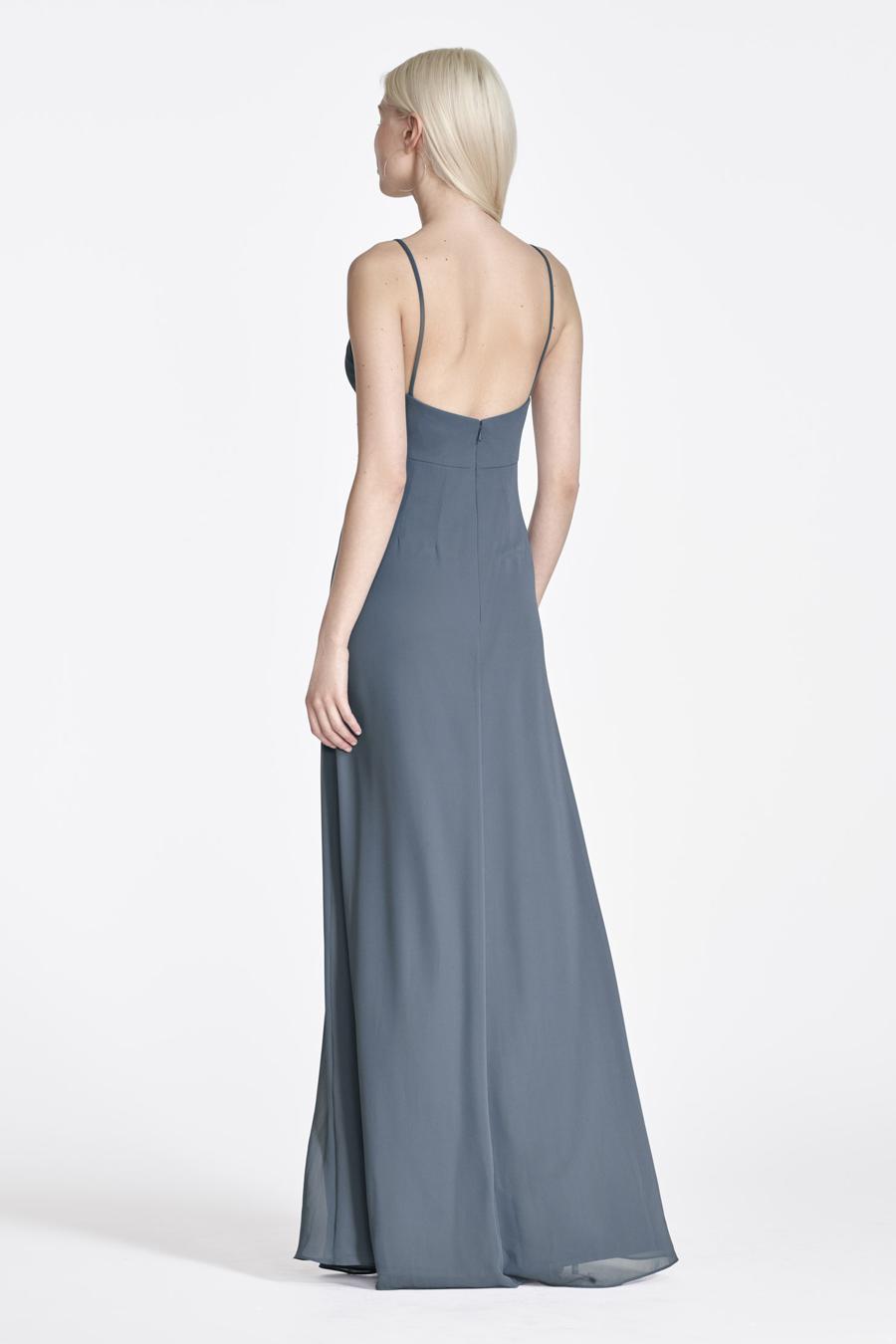 V-neck sleeveless off shoulder thin shoulder strap, backless and floor length evening dress