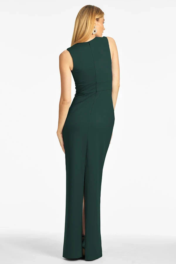 deep V-neck sleeveless slit and floor length evening dress