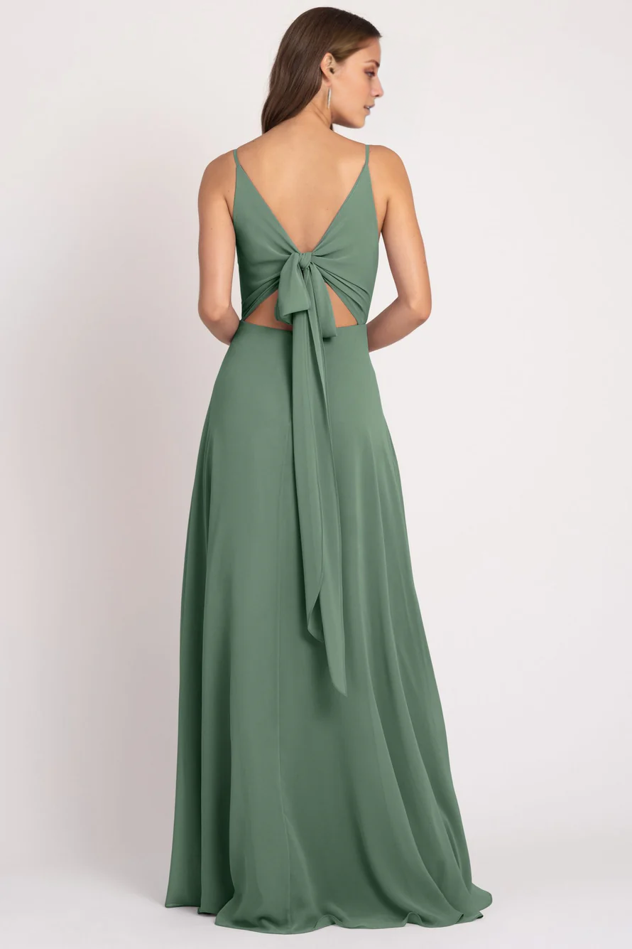 V-neck off shoulder sleeveless thin shoulder strap backless and floor length evening dress