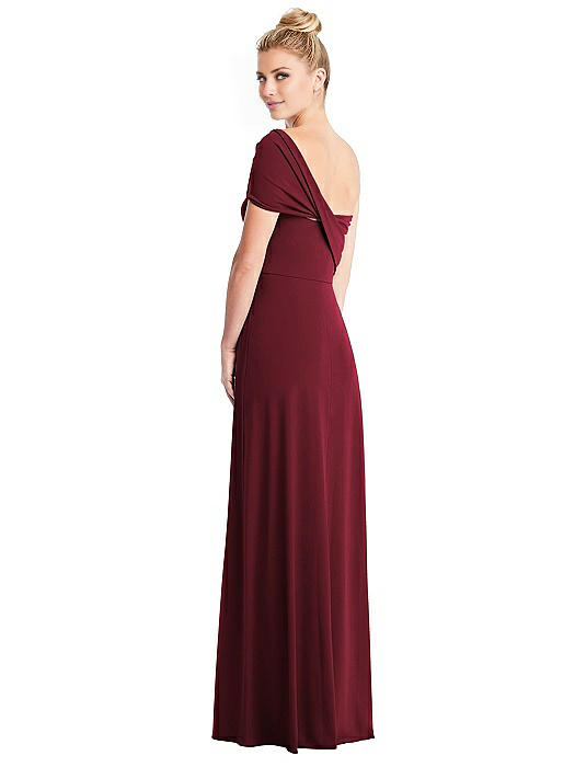 asymmetrical collar off shoulder short sleeved backless and floor length evening dress