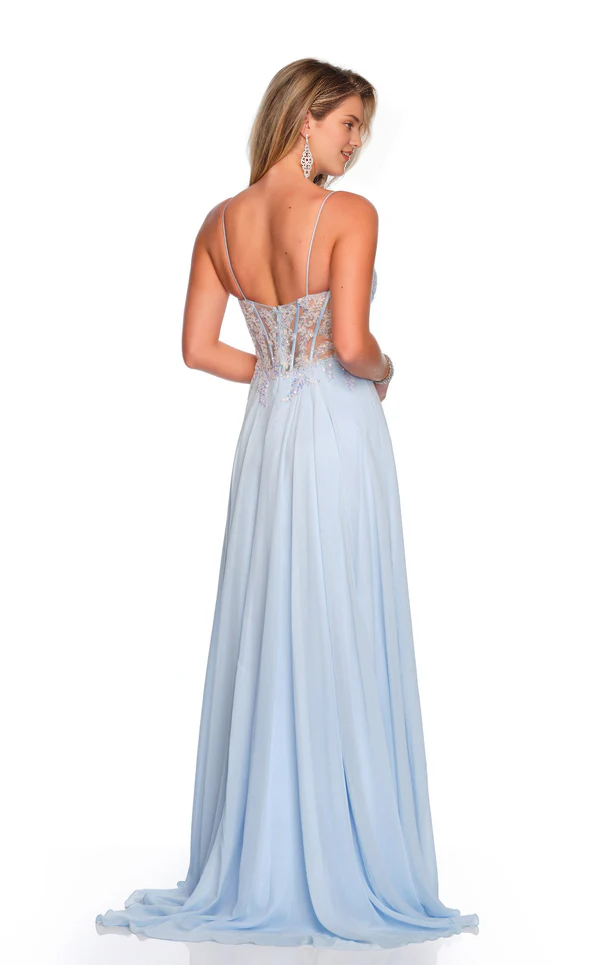 V-neck slim shoulder strap backless illusion tight top Prom dress
