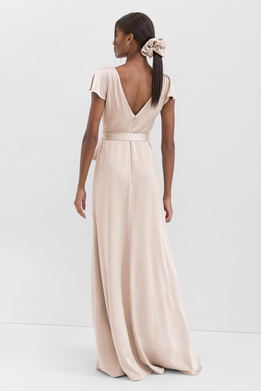 V-neck short sleeved off shoulder side slit backless and floor length evening dress