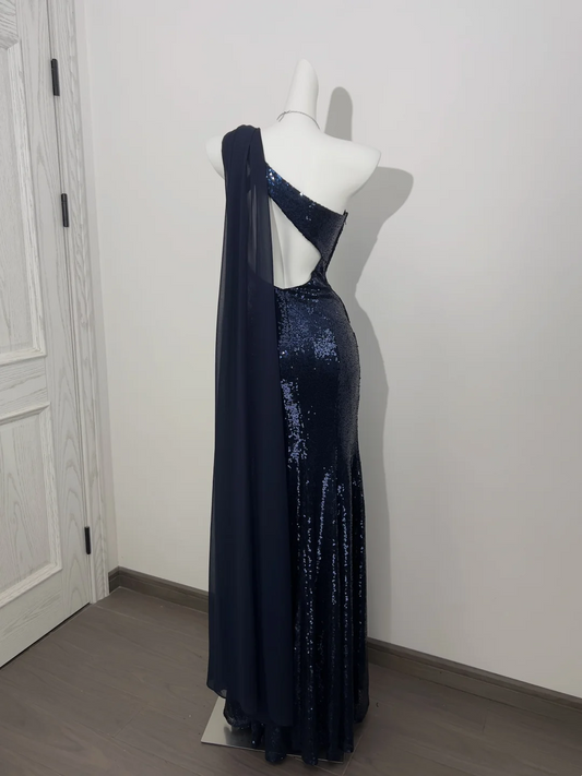 Navy Blue Sequin One-Shoulder Waist-Cinched Elegant Prom Gown, Evening Formal Dress gh7234