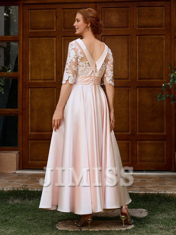 A-line round neck 1/2 sleeve appliqu é lace and ankle satin mother of the bride dress