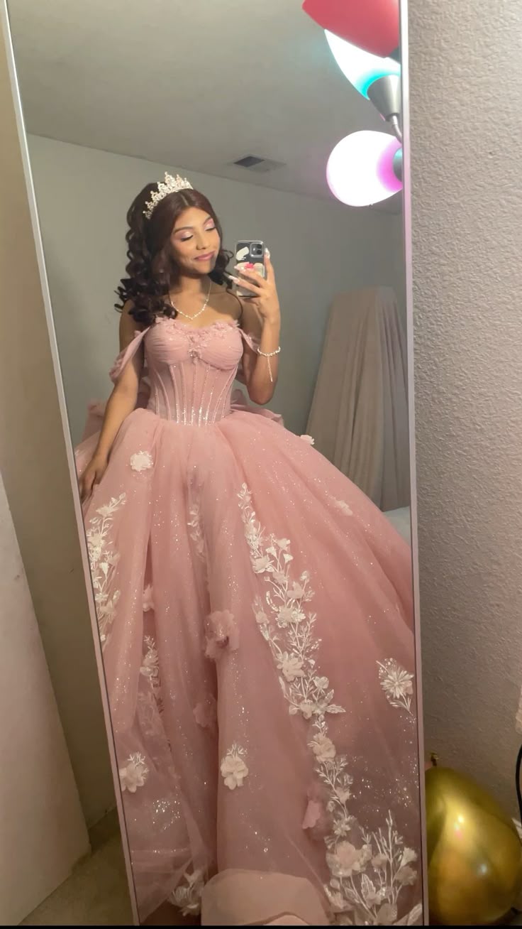 Pink Quinceanera Dresses 3D Flowers Sweet 15 16 Party Off The Shoulder Ball Gown