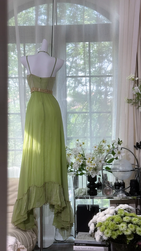 Gray-green halter-neck high-waisted long elegant ball gown R7641