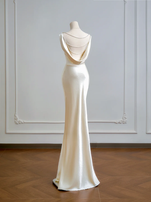 Champagne-colored satin fitted backless bodycon long ball gown R8161