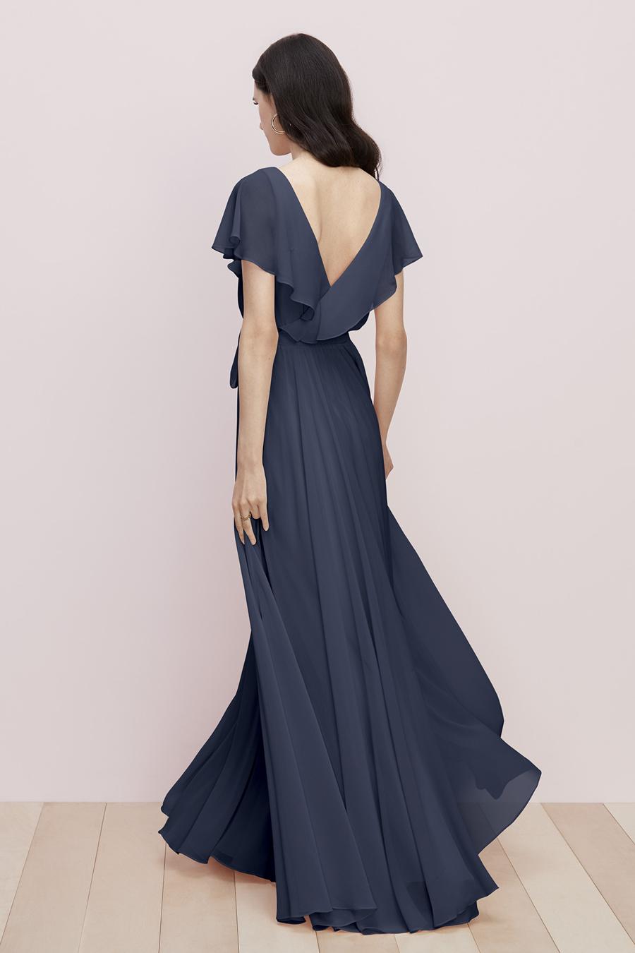 deep V-neck short sleeved backless and floor length evening dress