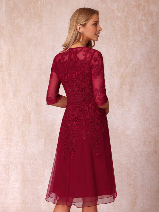 A-line/Princess Transparent Collar Half Sleeve Short Style Formal Mother of the bride Dress