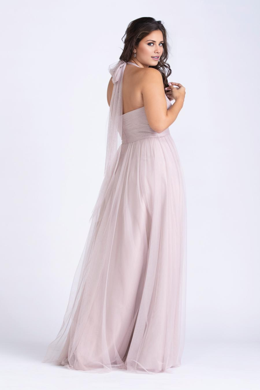 V-neck hanging neck sheer pleated backless and floor length evening dress