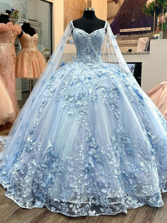 Blue A Line Tulle Ball Gown Prom Dresses Evening Gowns