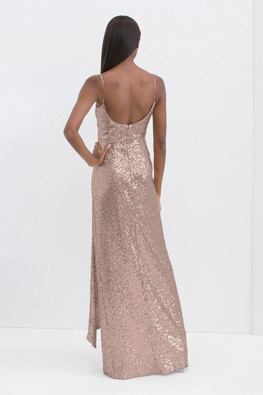 square neckline thin shoulder straps sequins side slits and floor length evening dress