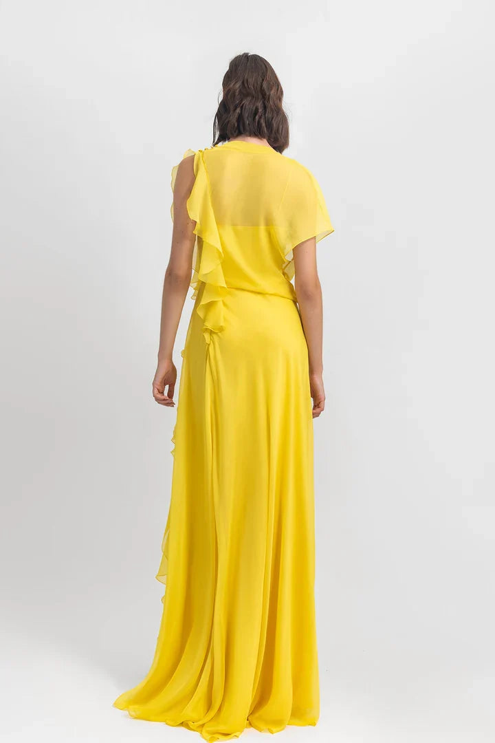 Asymmetric horn chiffon and ground length gowns evening dresses