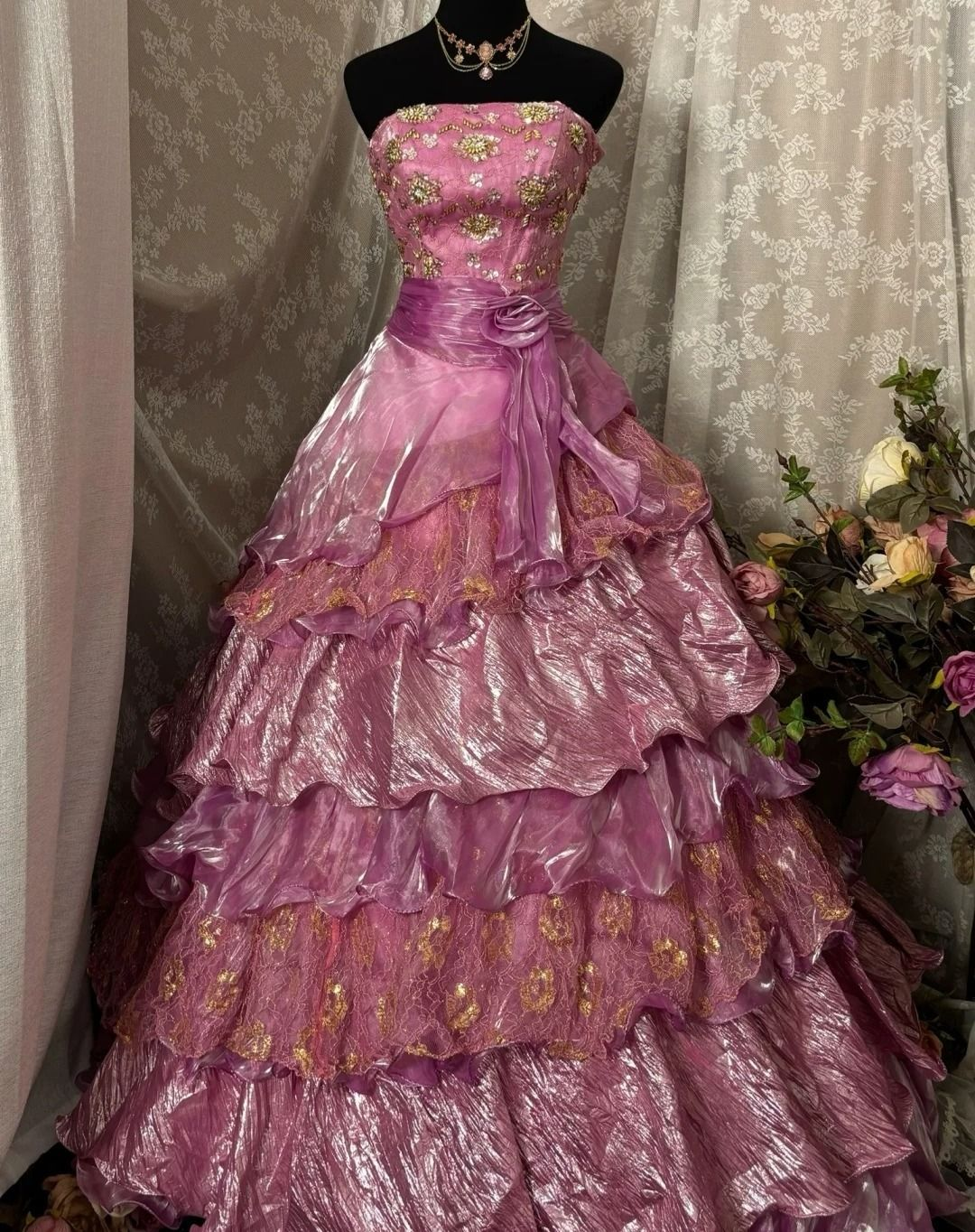Floral Long Prom Party Dress Tulle Sweet 15 Ball Gown