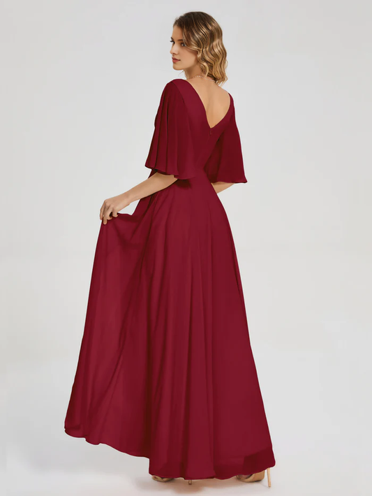 V-neck half sleeved chiffon mother of the bride dress