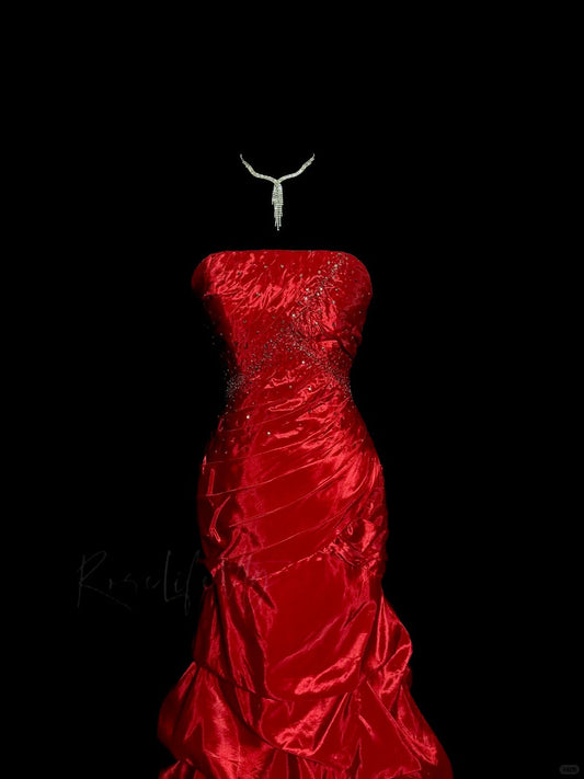 Girlhomeshops-Red exquisite beaded vintage dress long satin floor-length ball gown graduation dress gh5241