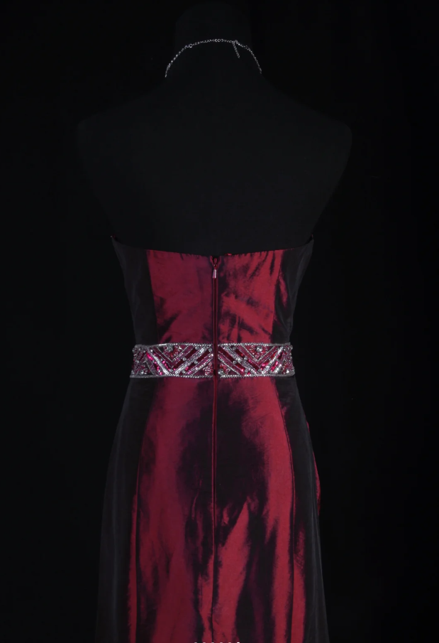 Elegant Strapless Satin Beaded Party Dress Burgundy Mermaid Long Prom Gown