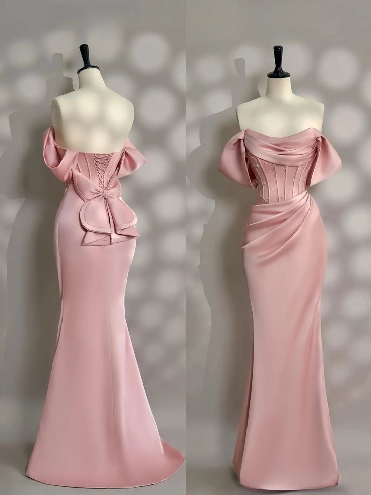 Long Pink Satin Prom Dress Off Shoulder Prom Dress Evening Party Gowns