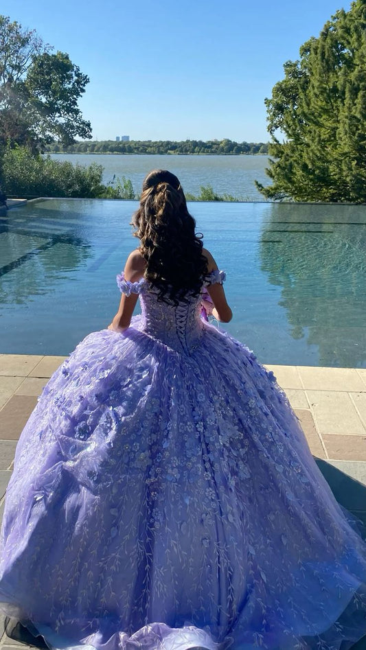 Lavender Princess 3D Flowers Sweetheart Quinceanera Dresses Ball Gown Tulle Prom Dress Puffy Sweet 15 16 Gown