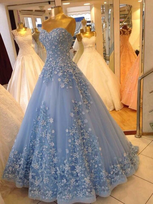 Ball Gown Sweetheart Blue Prom Dresses 3d Flower Dress