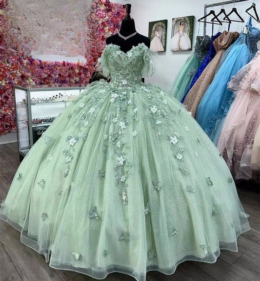 Green Quinceanera Dresses Ball Gown Off The Shoulder Tulle Appliques Sweet 16 Dresses