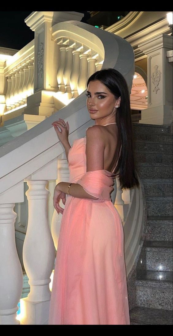 Spaghetti Straps Halter Pink Evening Dresses Formal Gown With Shawl