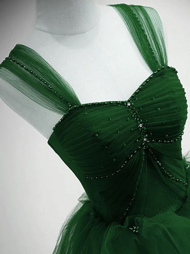 Beaded Tulle Off Shoulder Long Party Dress Tulle A line Prom Dress Ball Gown Quinceanera Dress