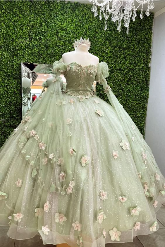 Shiny Light Sage Green Princess Dress with Flowers Ball Gown Sweet 16 Dress