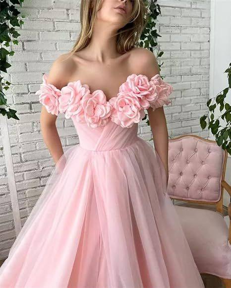 Pink Floral Prom Dresses Off The Shoulder Evening Gown Tulle Long Prom Dress