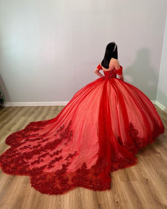 Red Off The Shoulder Ball Gown Red Sweet 16 Dress Princess Dress