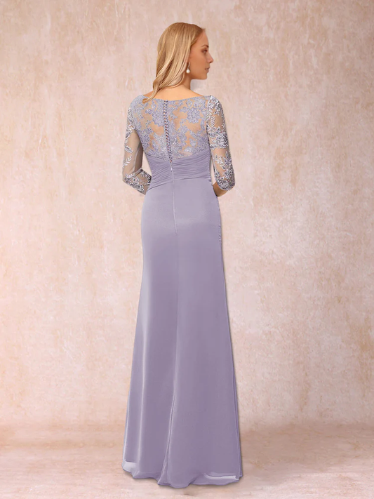 Tight fitting/pillar 3/4 sleeve and floor length decal mother of the bride dress