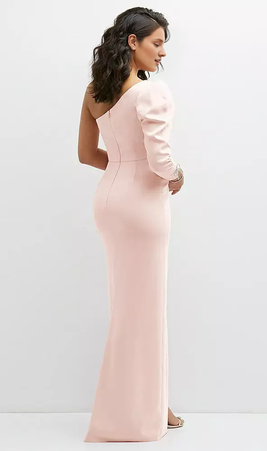 3/4 Bubble Sleeve One Shoulder Bow and Floor length Prom Dress