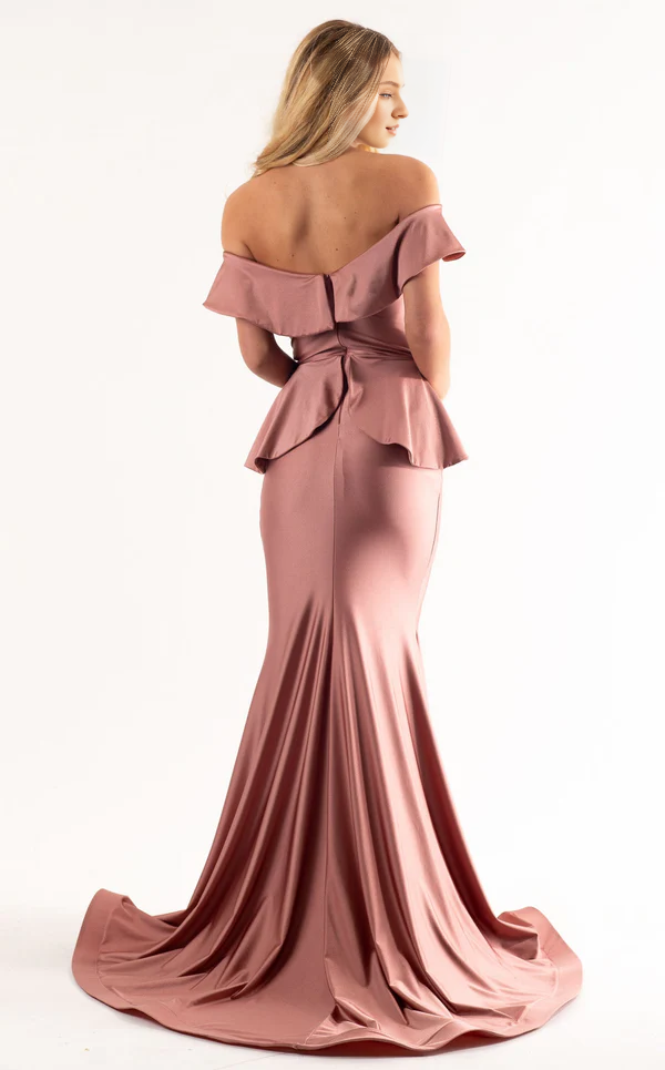 Mermaid off shoulder ruffled edges backless and floor length Prom dress