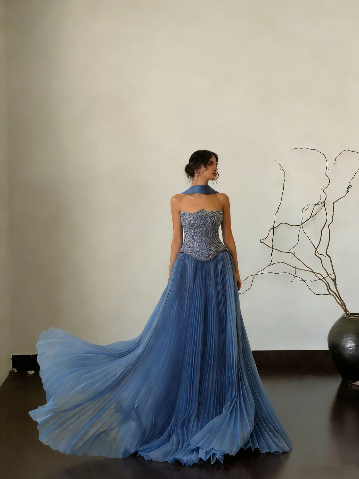 Gorgeous Strapless Blue Chiffon Pleated Beaded A Line Long Party Dress Sexy Prom Gown With Scarf SP1545