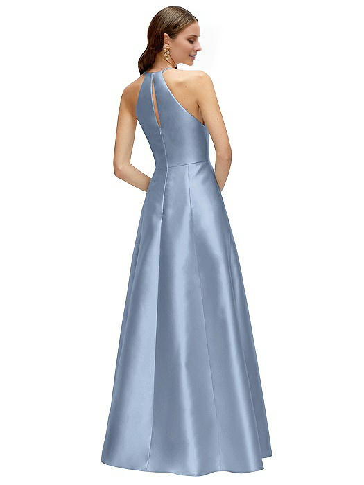 A-line hanging neck collar off shoulder sleeveless backless and floor length Prom dress