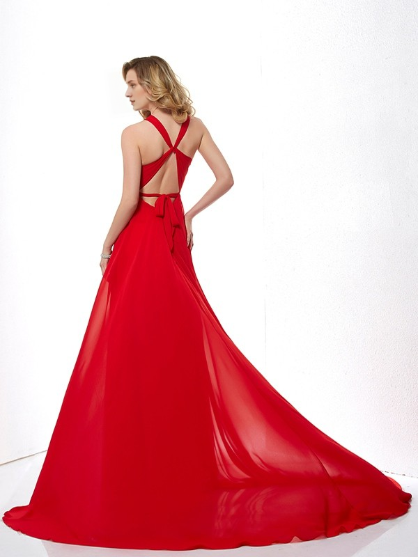 A-line/Princess neck hanging sleeveless long chiffon dress